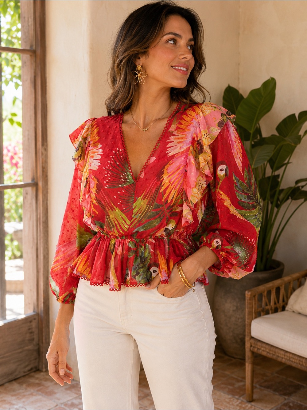 FARM Rio Tropical Parrot Floral Ruffle Peplum Blouse Red Pink M
